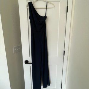 Carlos One Shoulder Tie Waist Sleeveless Wide Leg Jumpsuit, Navy, 0